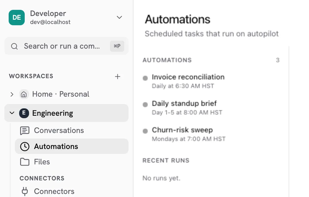 Three scheduled automations, each with its cadence: a daily standup brief, a weekly churn-risk sweep, and a nightly invoice reconciliation.
