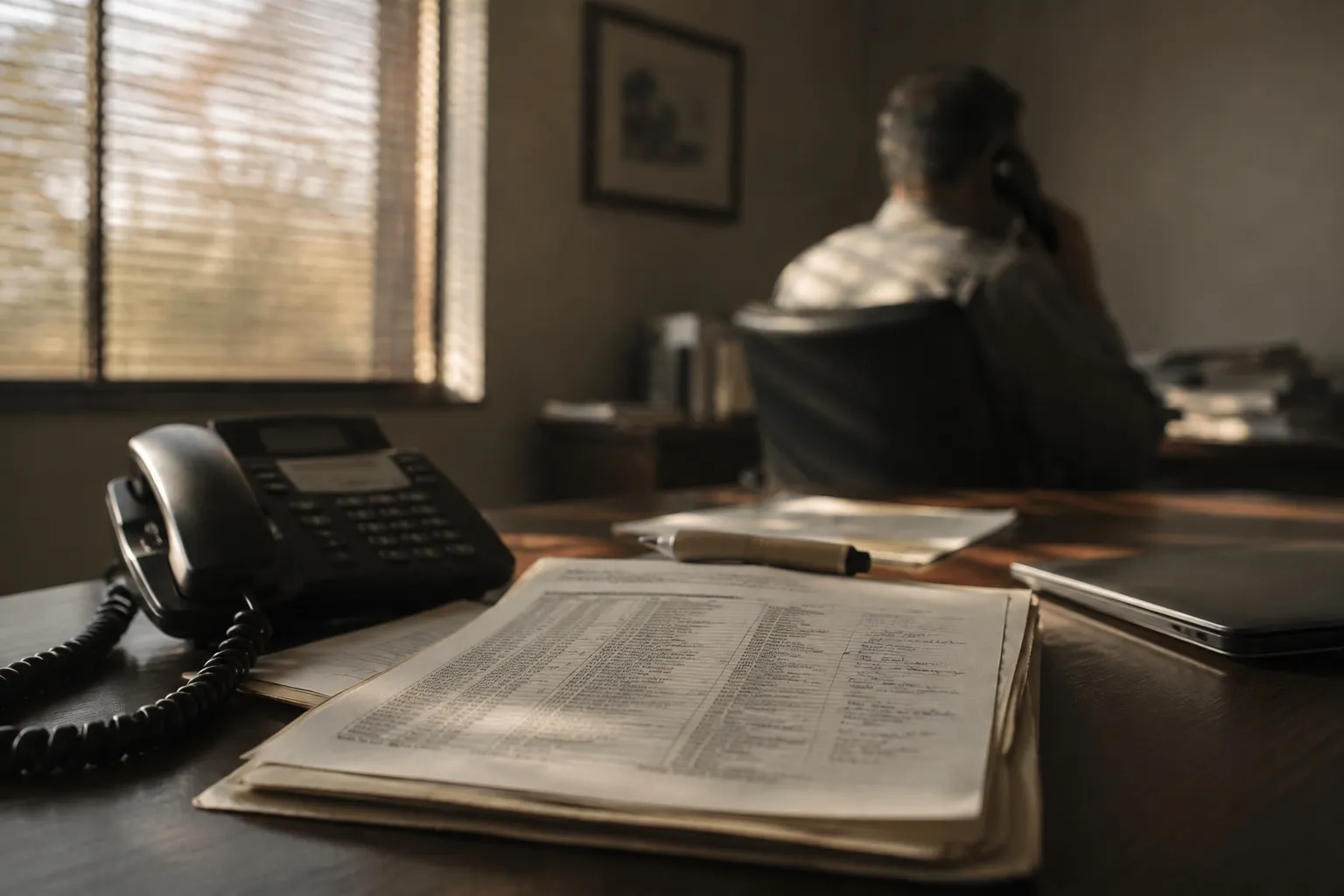 A lender's desk in late afternoon light, a broker list annotated in pen beside a landline phone, with someone mid-call out of focus behind