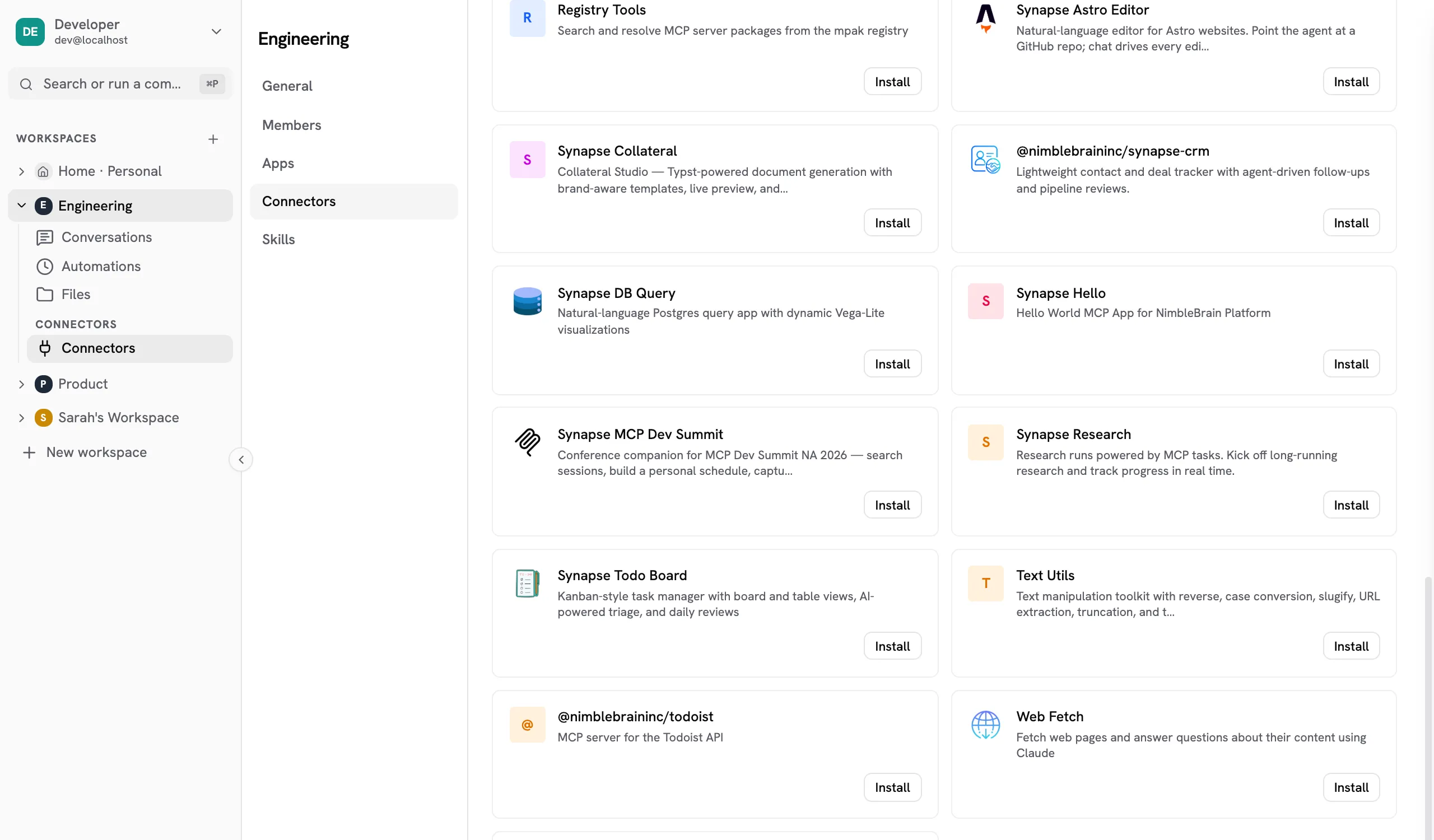 The MCP app directory inside a workspace, listing installable apps alongside ones built in-house.