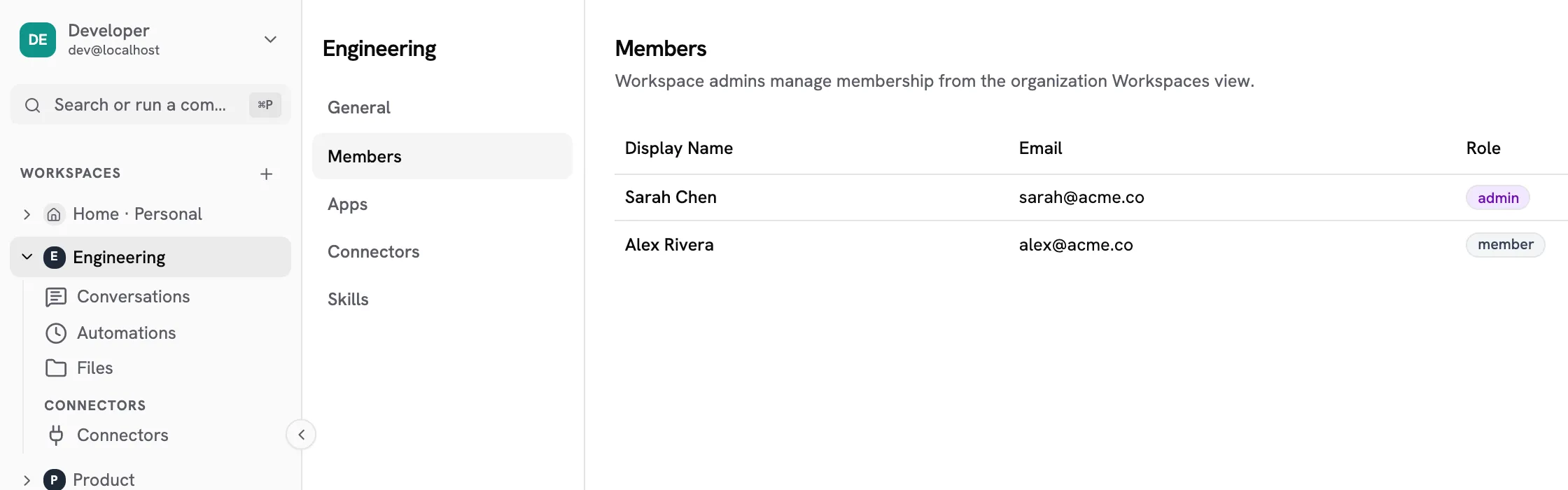 A workspace member list showing two people with admin and member roles.