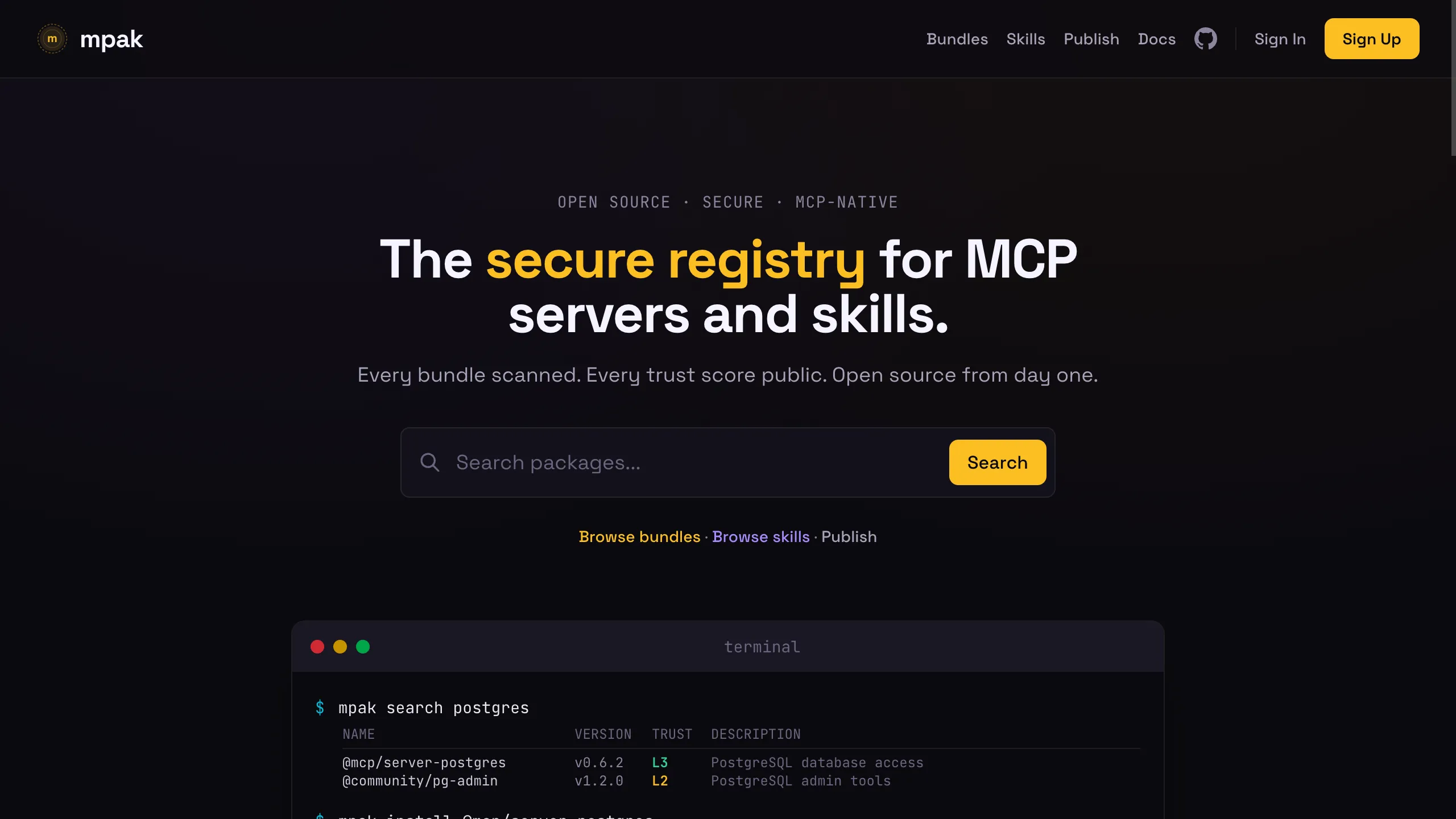 mpak registry showing MCP server search with trust scores
