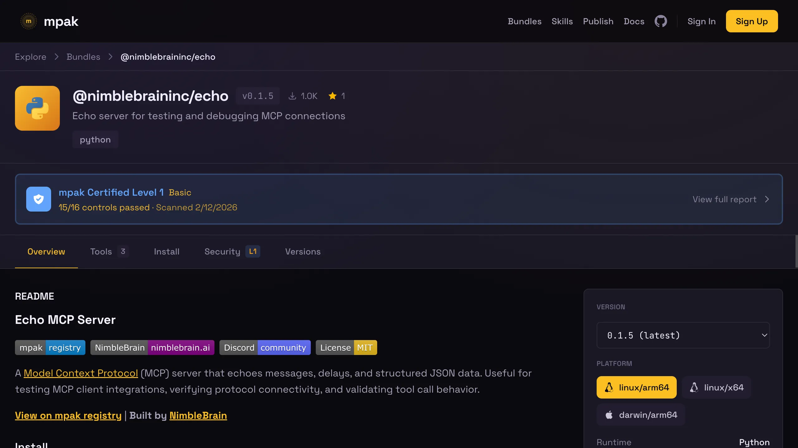 mpak trust score showing Level 1 certification with 15 of 16 security controls passed for the Echo MCP server