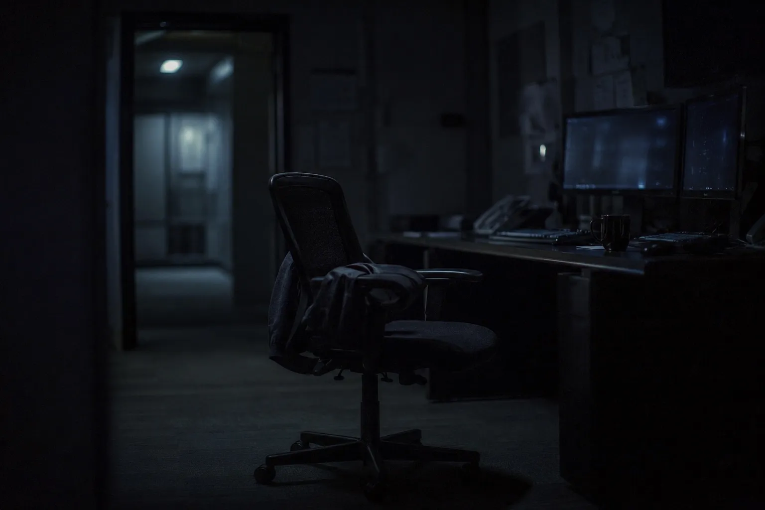 An empty security operations desk at night, a jacket over the back of the chair and two monitors glowing in an otherwise dark room