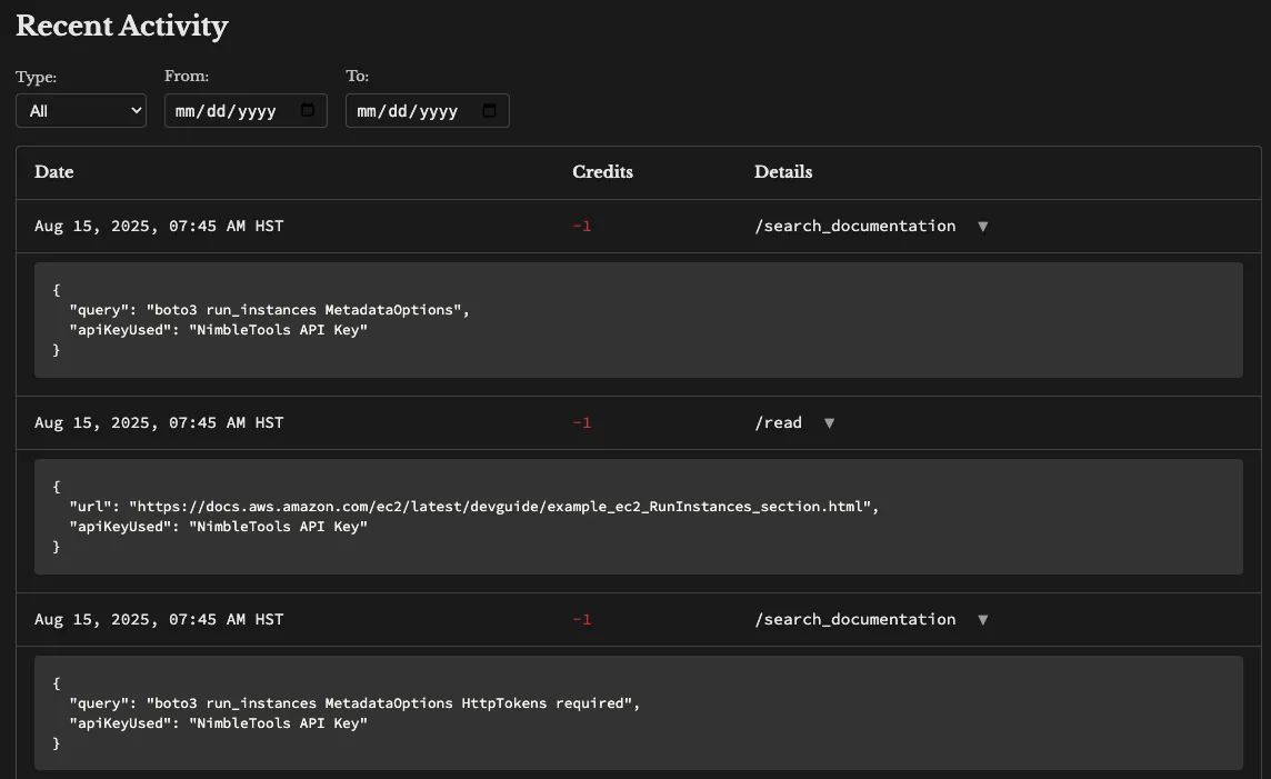Ref dashboard showing search activity