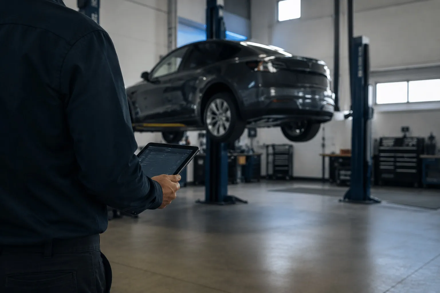 A service technician holding a tablet in a workshop bay, an electric vehicle raised on a lift behind them