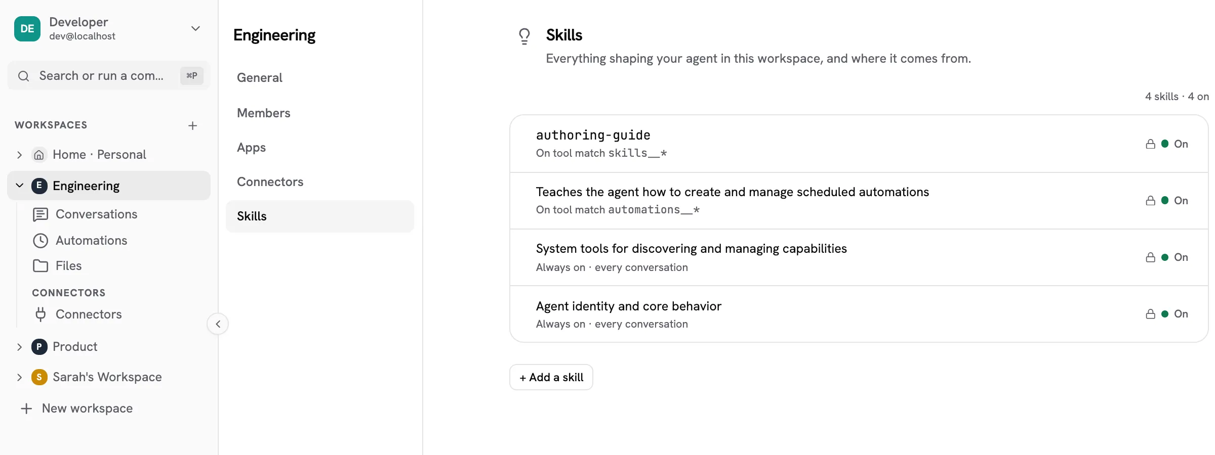 A workspace skill list showing four skills, what triggers each one, and whether it is currently on.