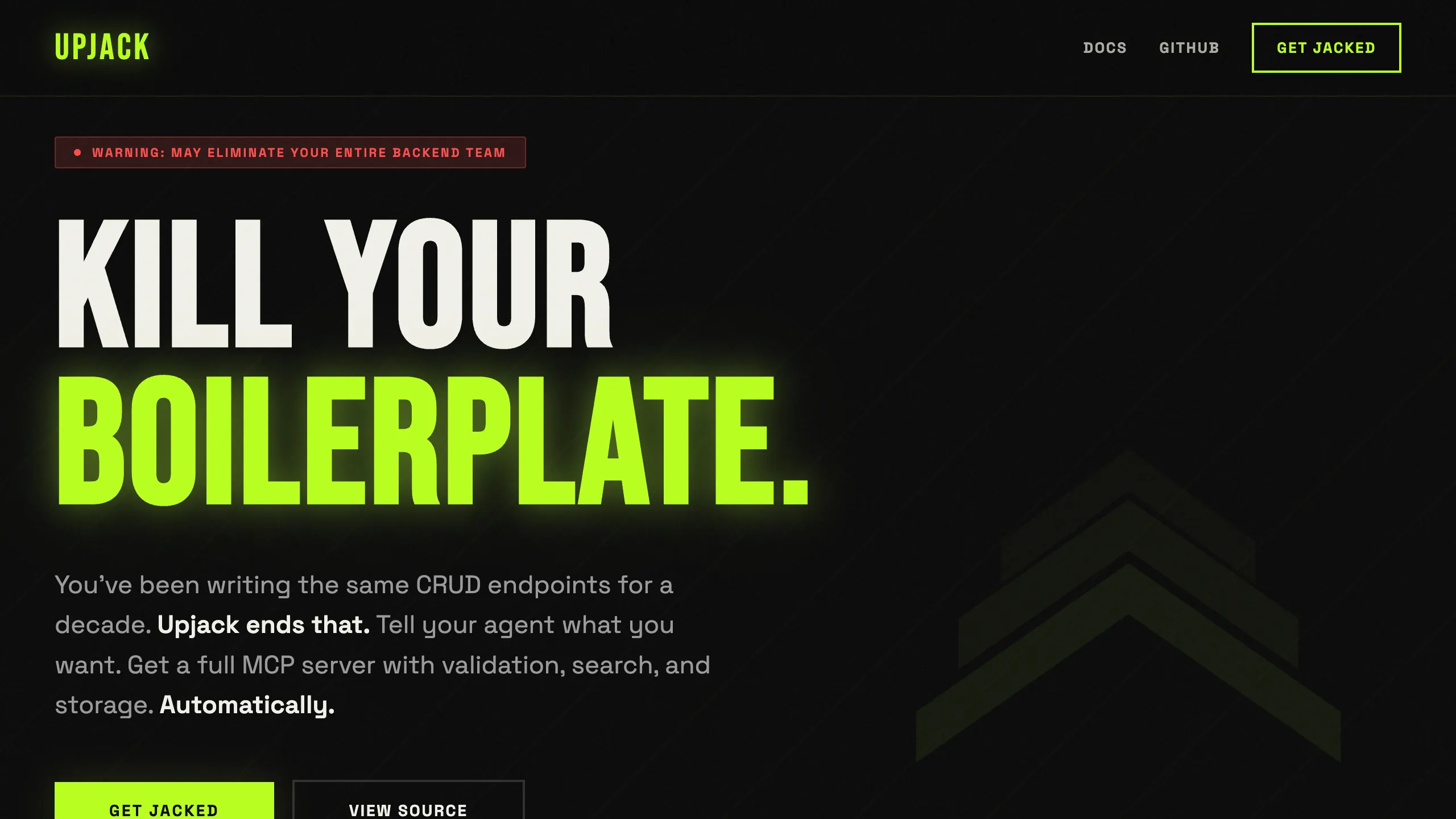 Upjack framework homepage showing declarative AI app development