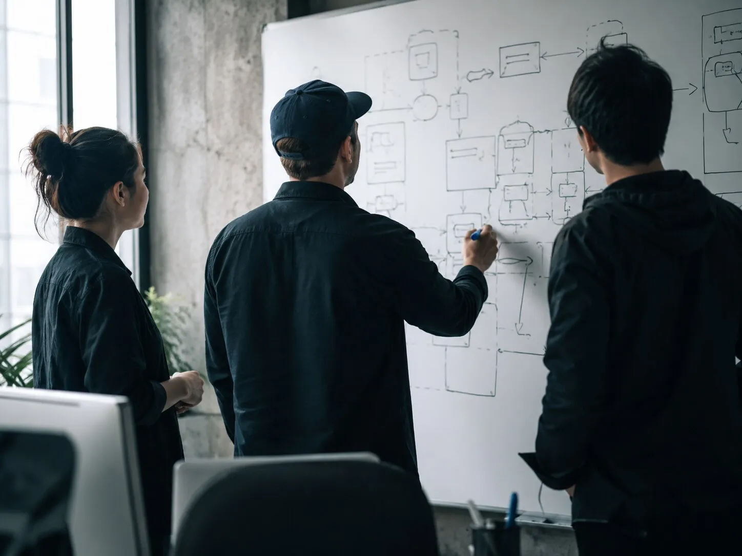 Three people at a whiteboard covered in boxes-and-arrows system diagrams, working through how a process actually runs.