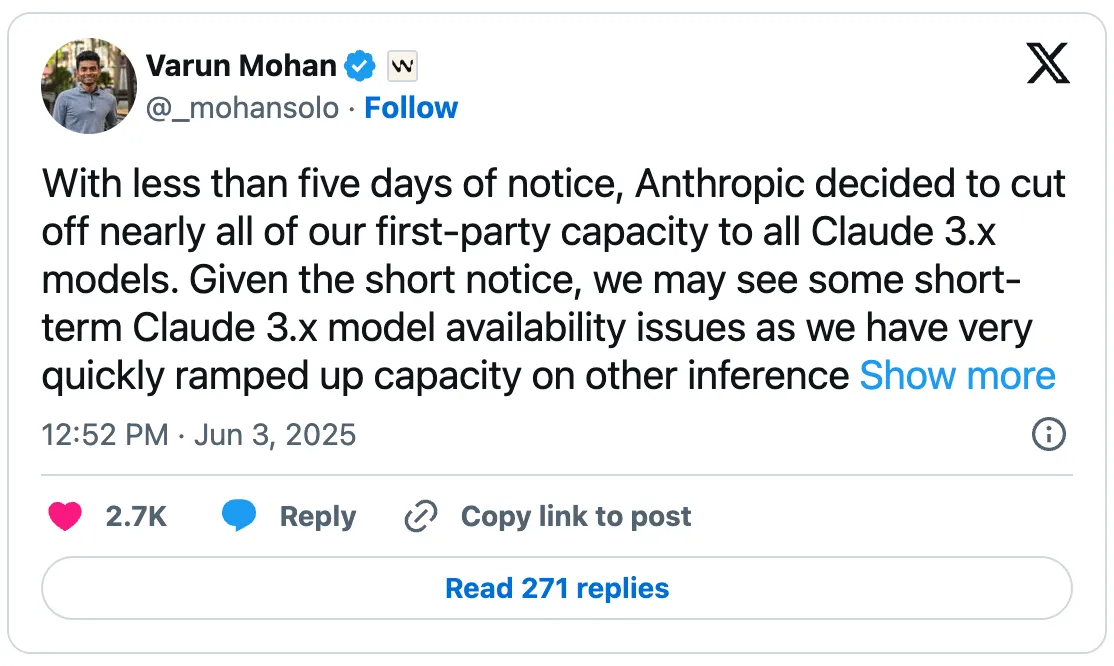 Windsurf CEO Varun Mohan breaks the news to over 1 million developers on X