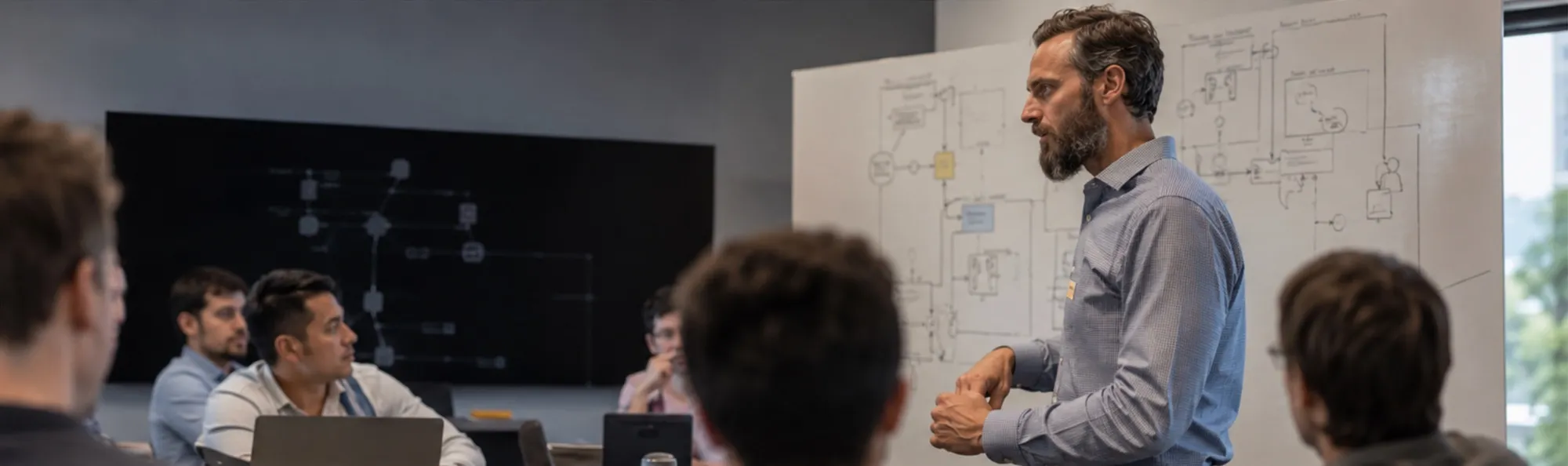 A room mid-engagement, a process flow on the board and the team working against it